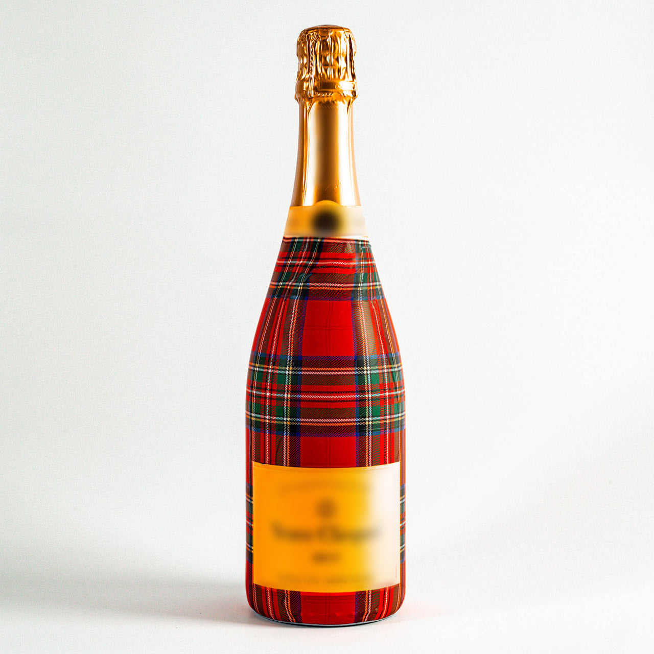 Red and Green Christmas Tartan Bottle Wrap on Champagne Bottle