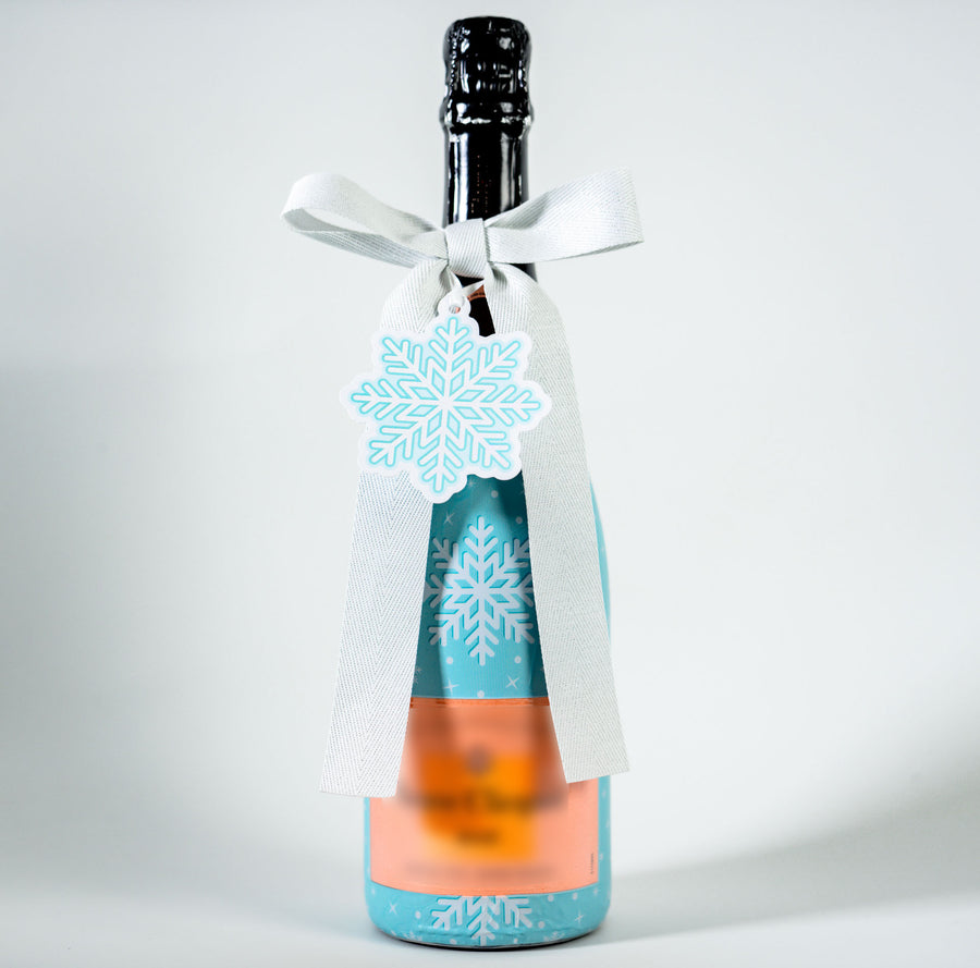 Wrapido Snowflake Bottle Wrap & Bow Matching Set on Champagne Bottle
