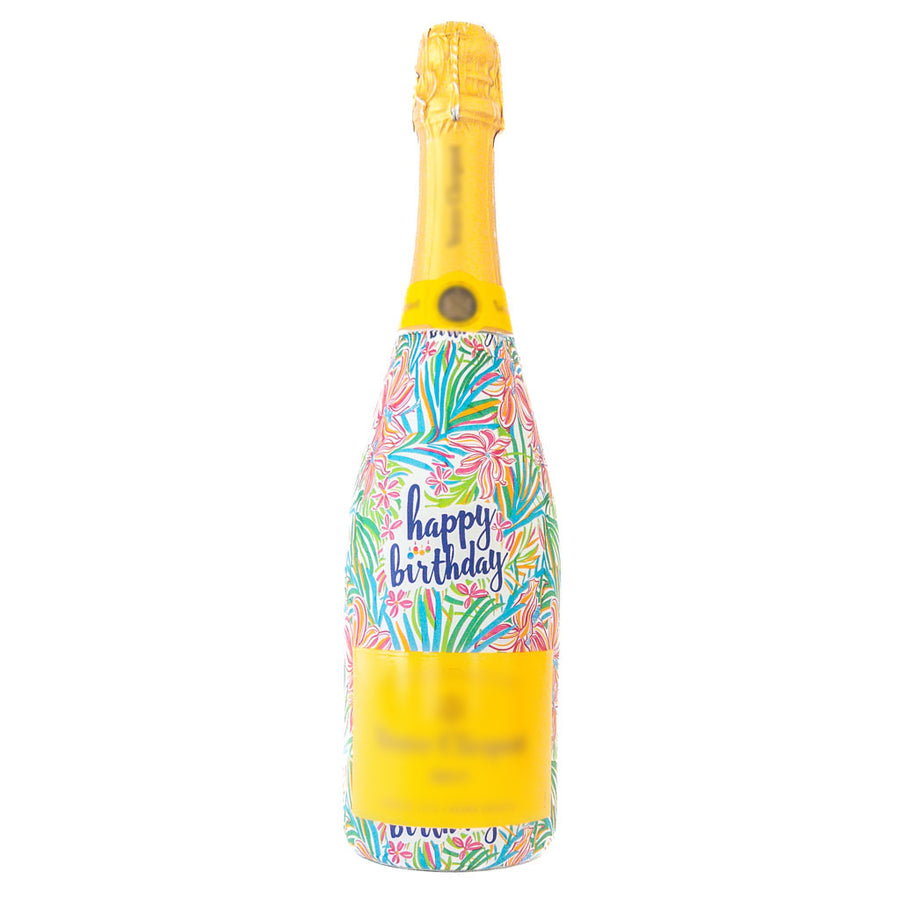Happy Birthday Floral Bottle Wrap on Champagne Bottle