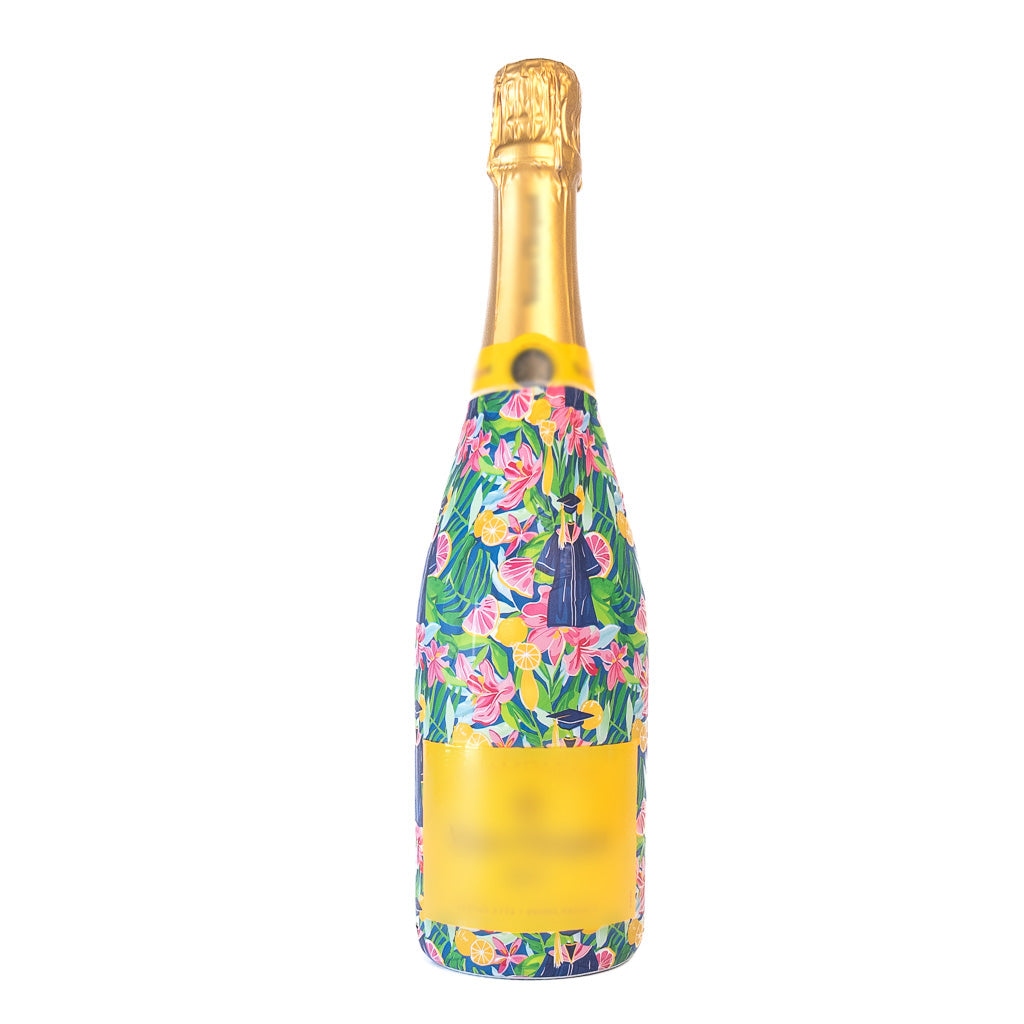 Floral Graduation Bottle Wrap on Champagne Bottle