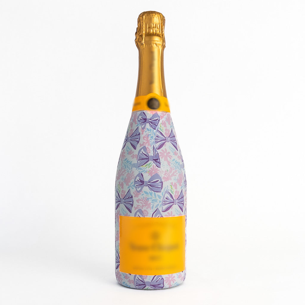 Lavender Lace Bows Bottle Wrap on Champagne Bottle