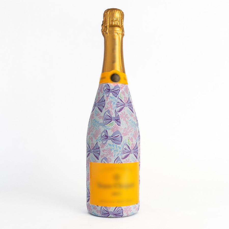 Lavender Lace Bows Bottle Wrap on Champagne Bottle