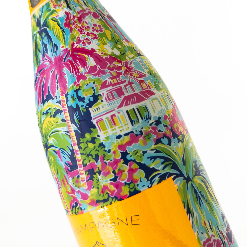 Pink Key West Cottage Bottle Wrap on Champagne Bottle