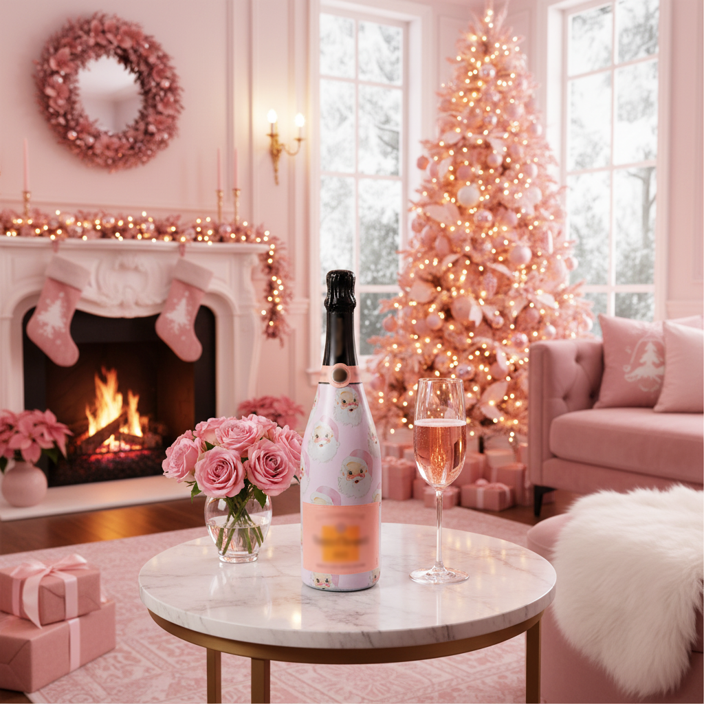 Limited Edition Watercolor Pink Santa Champagne Bottle Wrap