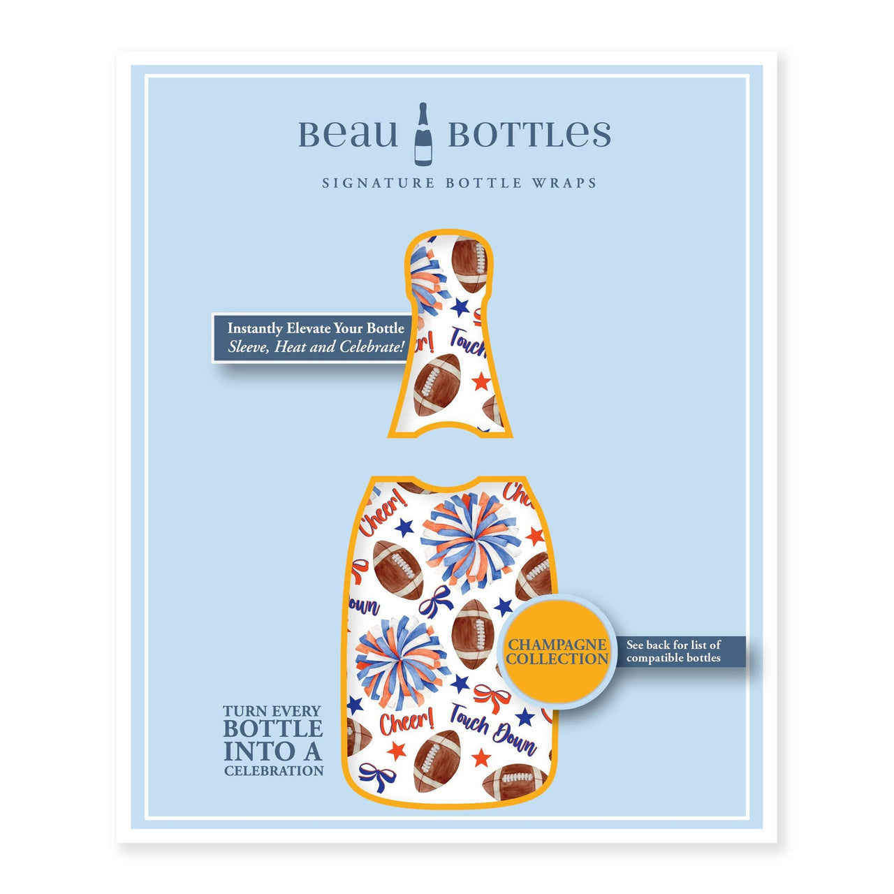 Blue and Orange Game Day Bottle Wrap on Champagne Bottle