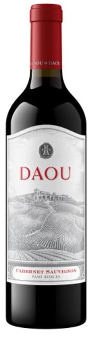 DAOU Cabernet Sauvignon wine bottle with red cap and white label.