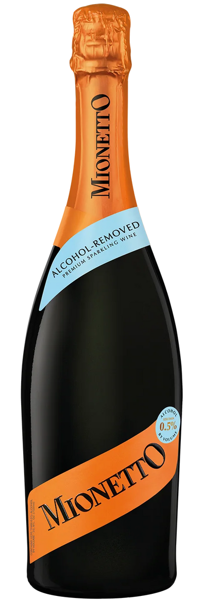 Bottle of Mionetto Prosecco Superiore with alcohol removed label on a white background