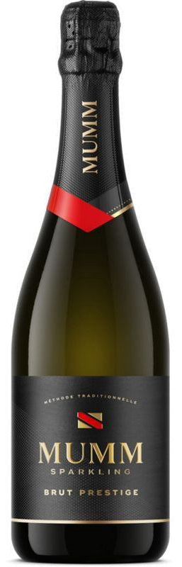 Mumm sparkling wine bottle on a white background