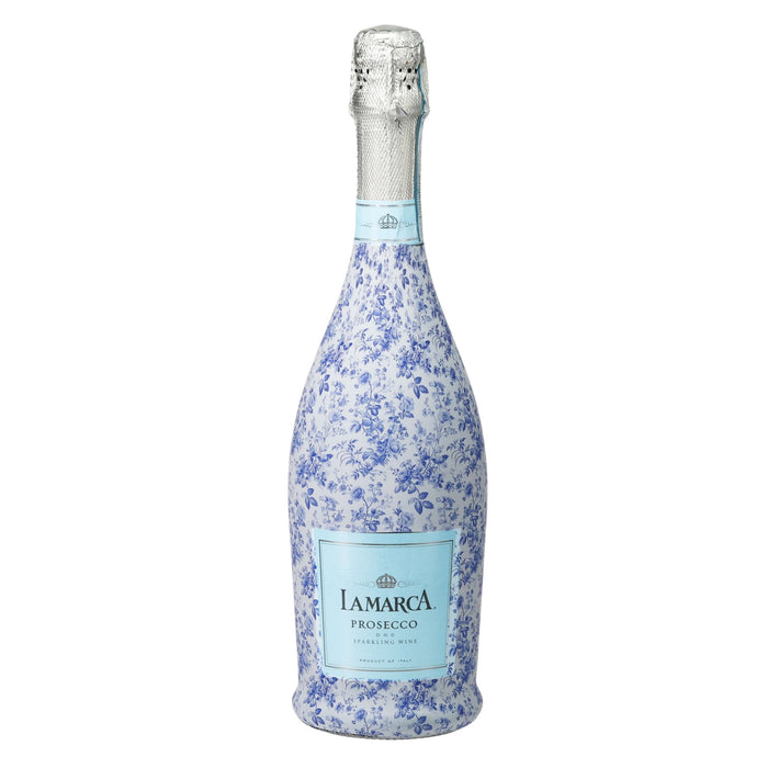 Grandmillennial Blue Floral Prosecco Bottle Wrap — 360 view