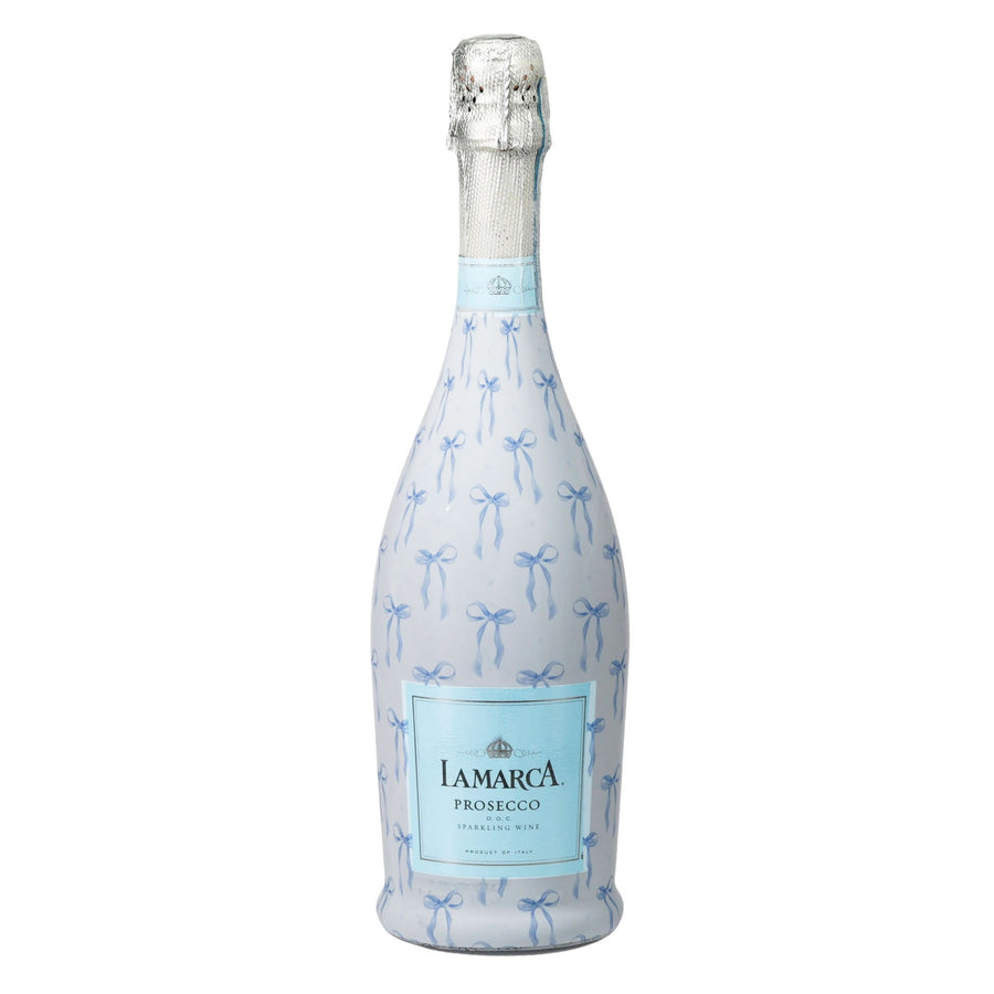 Grandmillennial Blue Bows Prosecco Bottle Wrap — 360 view