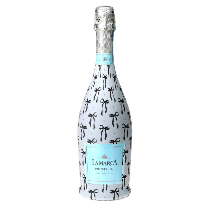 Grandmillennial Black Bows Prosecco Bottle Wrap — 360 view