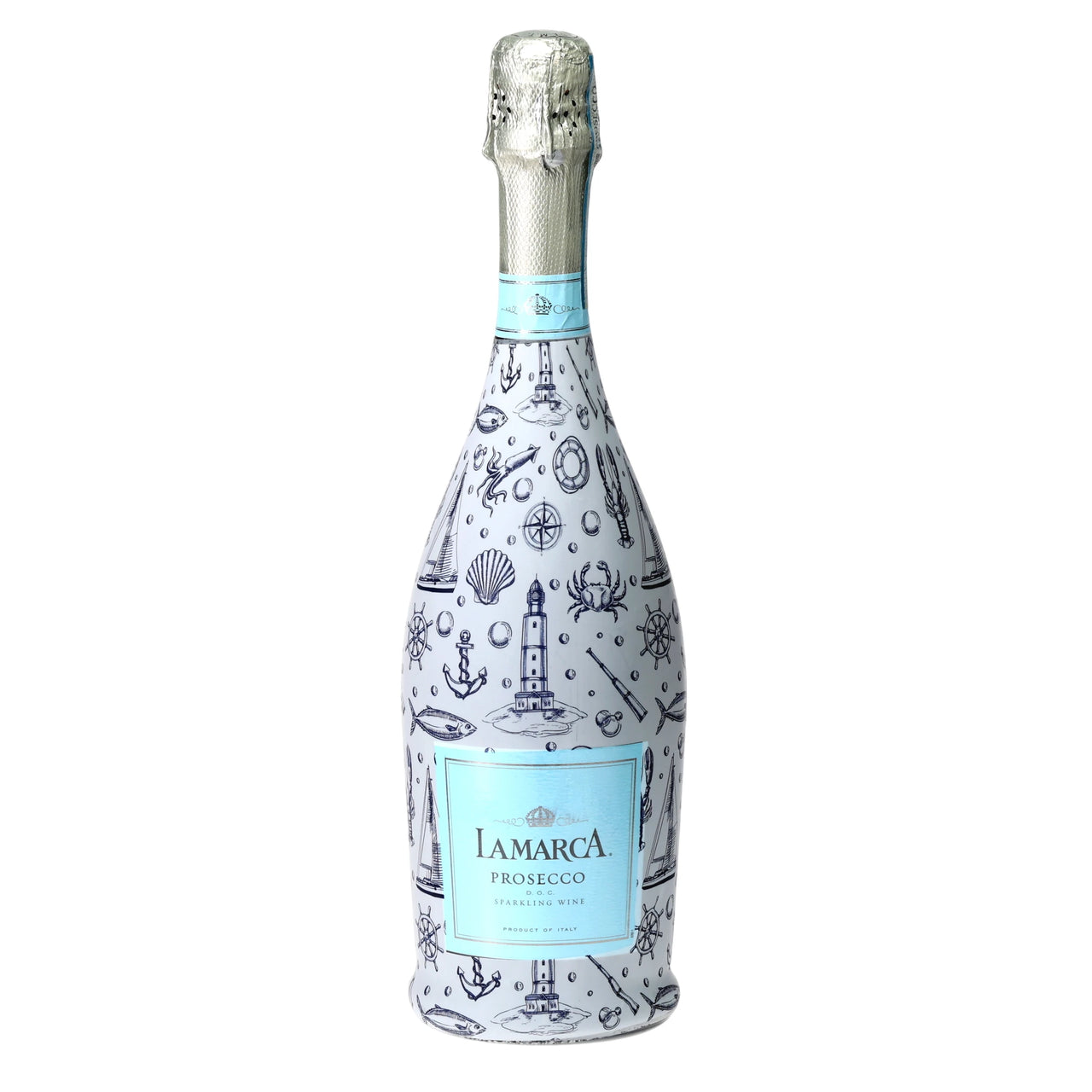 Blue & White Yacht Club Prosecco Bottle Wrap bottle wrap on a La Marca prosecco bottle