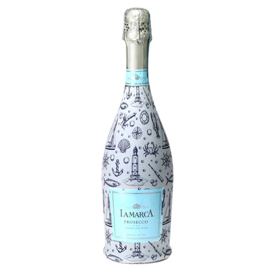 Blue & White Yacht Club Prosecco Bottle Wrap bottle wrap on a La Marca prosecco bottle